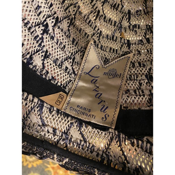 1960s hat, vintage cloche, lazarus paris, navy and white straw, 60s flapper, 22 - Picture 2 of 10